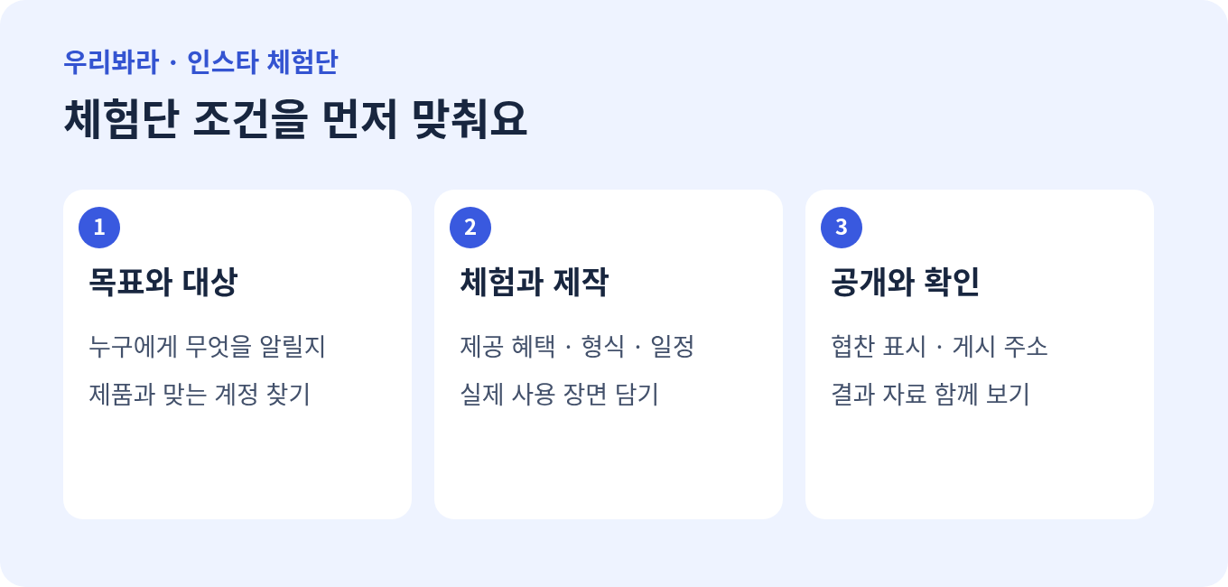 인스타 체험단의 목표와 대상, 체험과 제작, 공개와 확인 조건을 정리한 그림